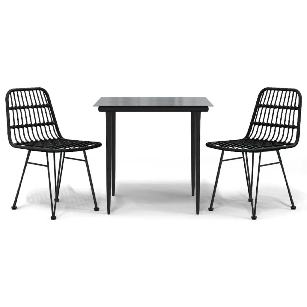 Outdoor Dining Set Black 3 Piece PE Rattan Steel Frame Tempered Glass Table Chairs