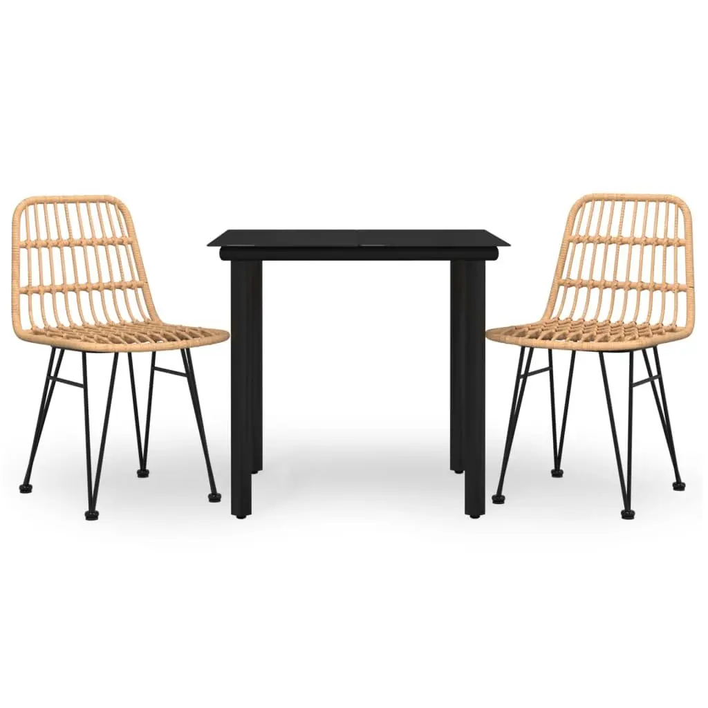 3 Piece Outdoor Dining Set Brown PE Rattan Steel Frame with Tempered Glass Tabletop