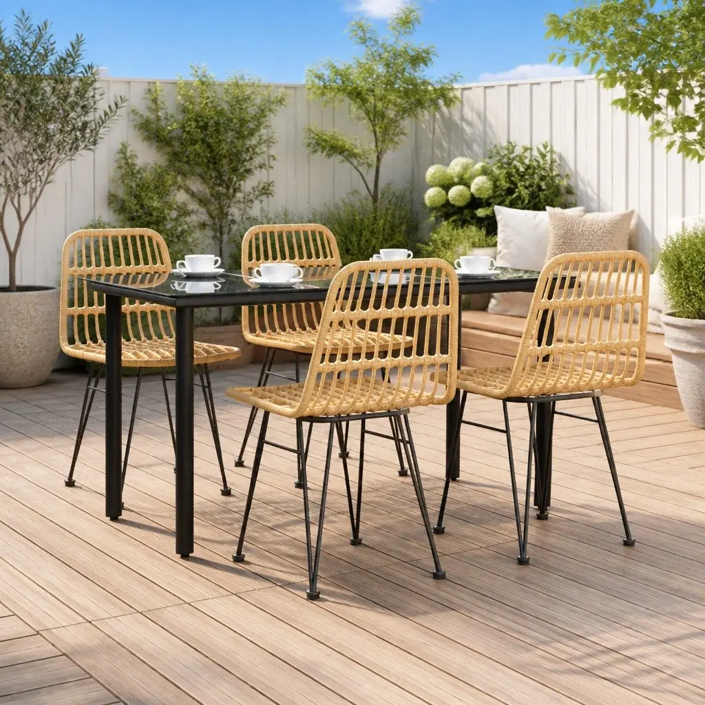 Garden Dining Set 5 Piece Outdoor Patio Furniture Brown Poly Rattan Table Chairs