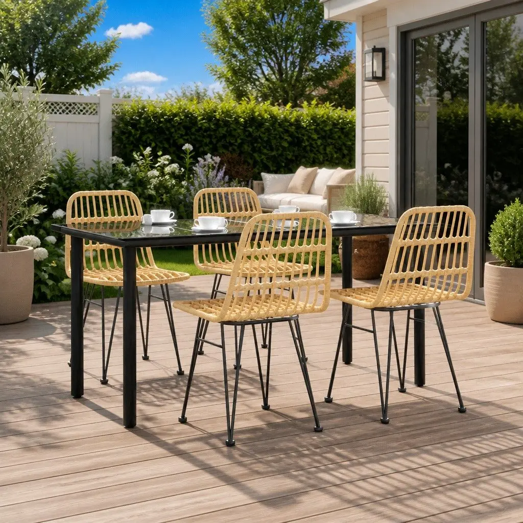 5 Piece Garden Dining Set Brown Outdoor Furniture Patio Table Chairs Poly Rattan