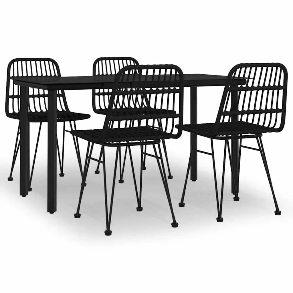 5 Piece Garden Dining Set Black Poly Rattan Outdoor Patio Furniture with Steel Frame and Tempered Glass Tabletop
