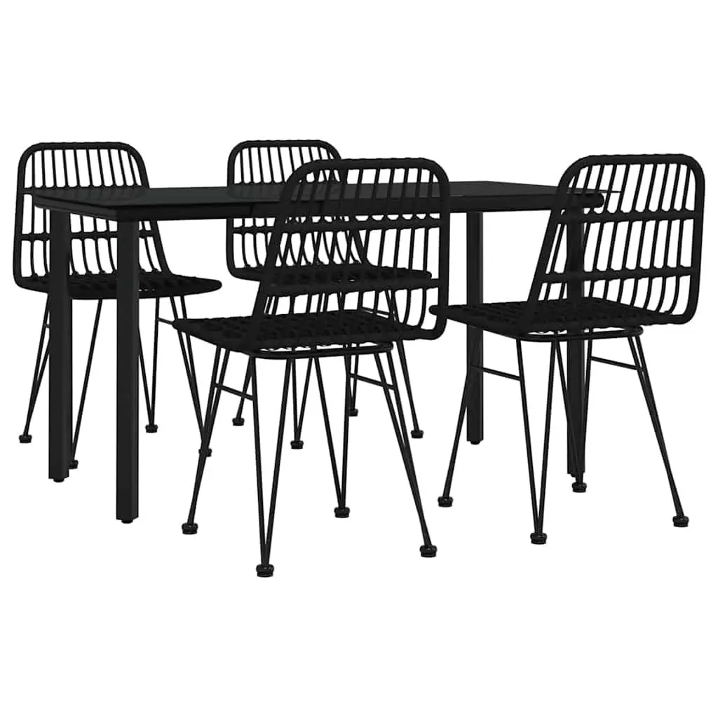 5 Piece Garden Dining Set Black Poly Rattan Outdoor Patio Furniture with Steel Frame and Tempered Glass Tabletop