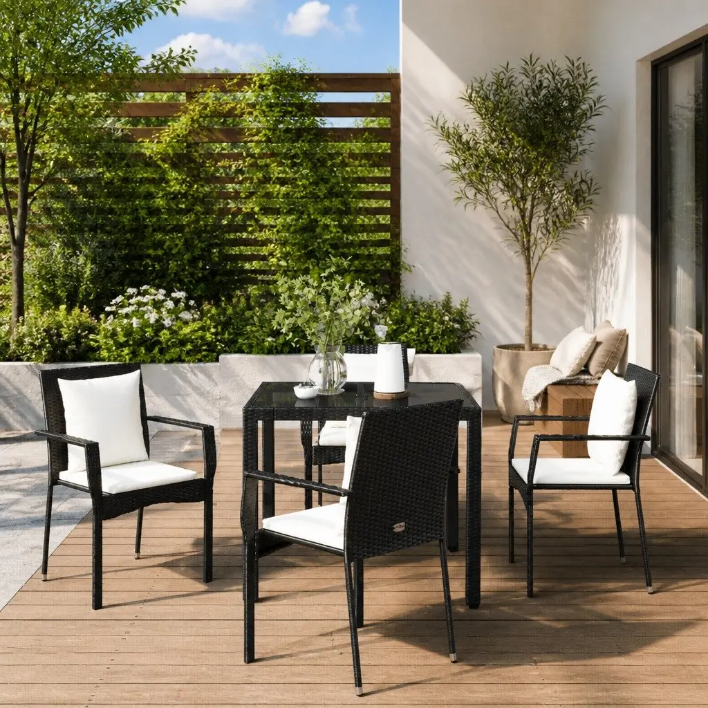 5 Piece Outdoor Dining Set Garden Furniture Black Poly Rattan Table Chairs