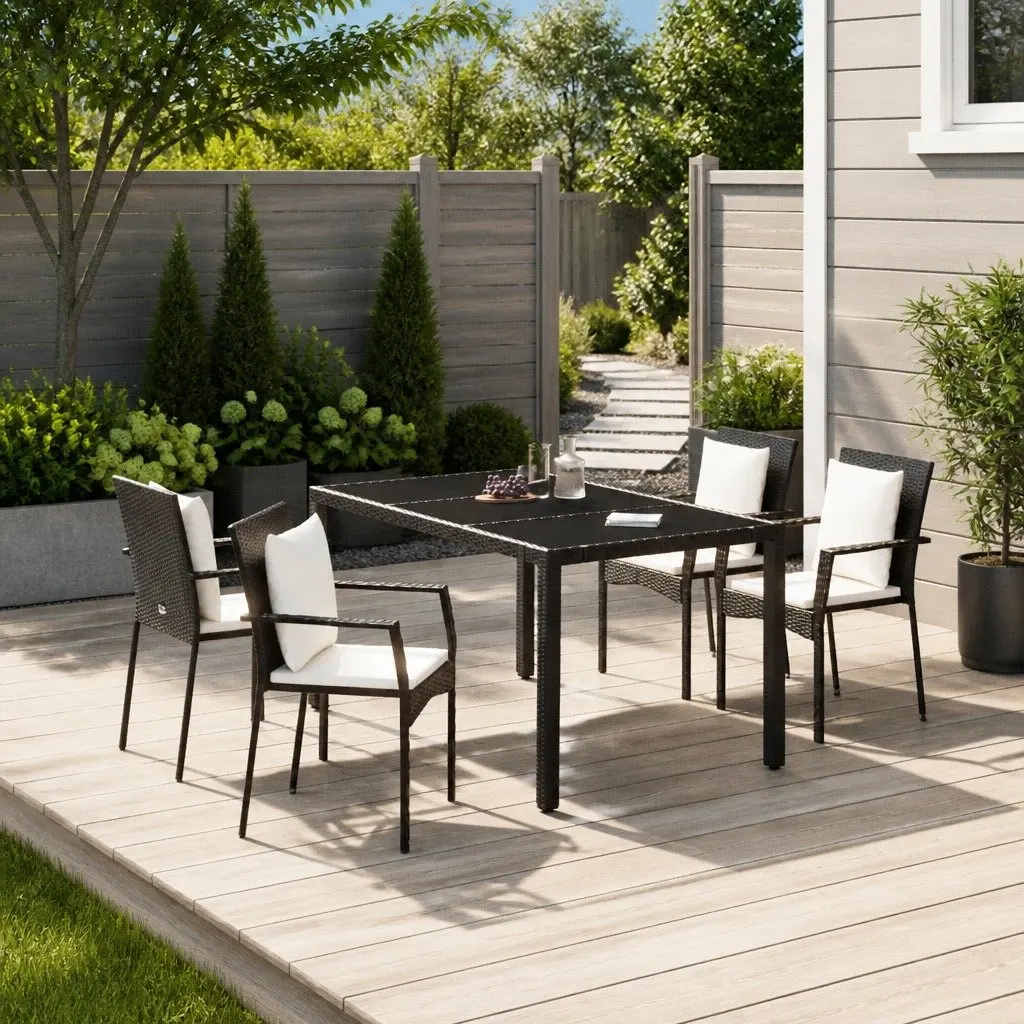 5 Piece Garden Dining Set Black PE Rattan Chairs with Cushions and Tempered Glass Table for Outdoor Use