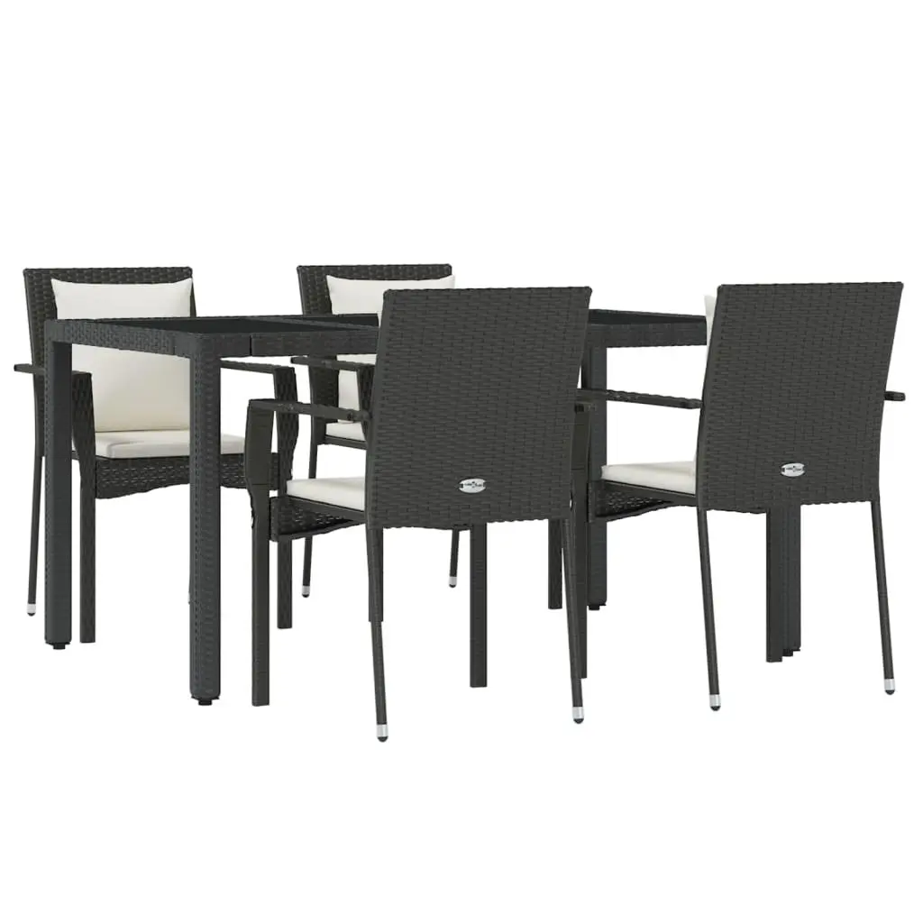 5 Piece Garden Dining Set Black PE Rattan Chairs with Cushions and Tempered Glass Table for Outdoor Use