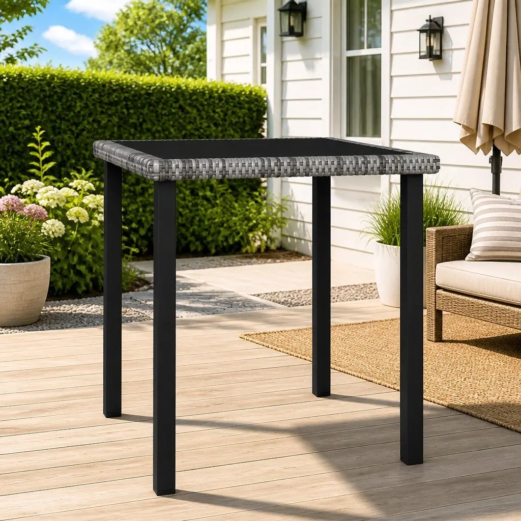 Grey Garden Dining Table with Glass Top and Rattan Frame