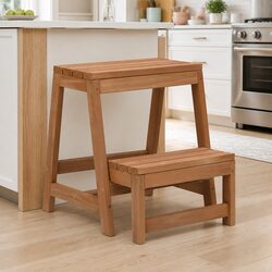 Foldable Step Stool Solid Wood Brown Kitchen Living Room Storage Seat Stepping