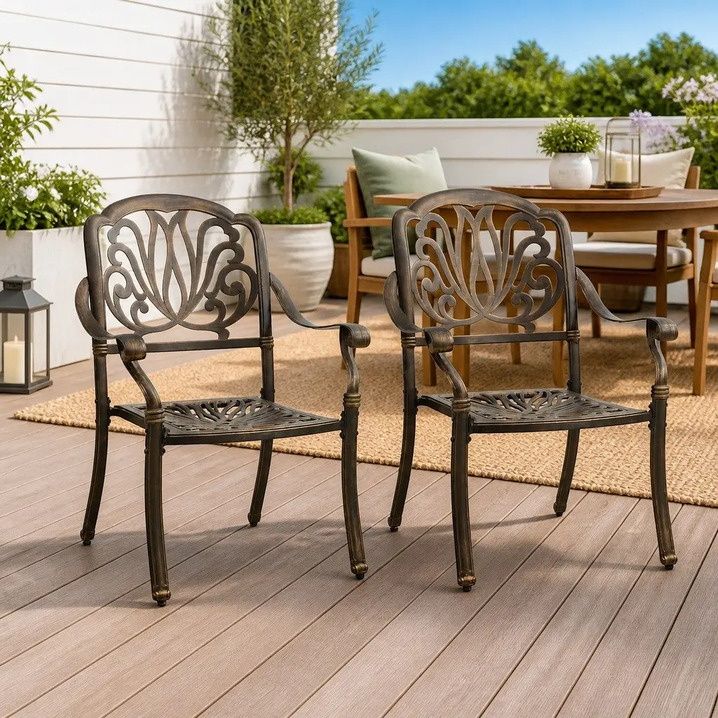 Outdoor Garden Chairs Brown Cast Aluminium 2 Piece Rust Resistant Weather Resistant