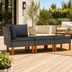 3 Piece Outdoor Garden Lounge Set Grey Sectional Sofa with Cushions Rattan