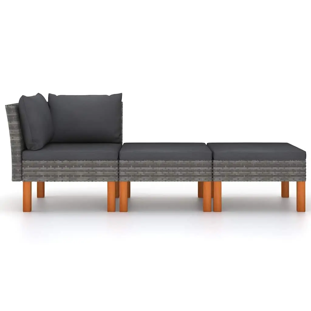 3 Piece Grey Rattan Outdoor Sofa Lounge Set with Cushions Eucalyptus Legs