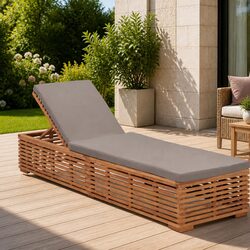 Sun Lounger Outdoor Garden Reclining Chair Teak Wood with Grey Cushion