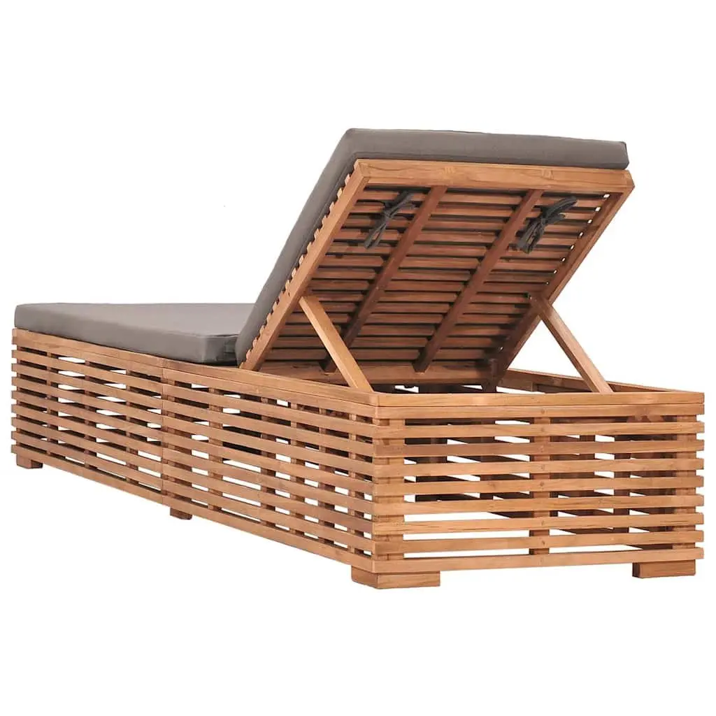 Sun Lounger Teak Wood Grey Cushion Adjustable Backrest 4 Positions