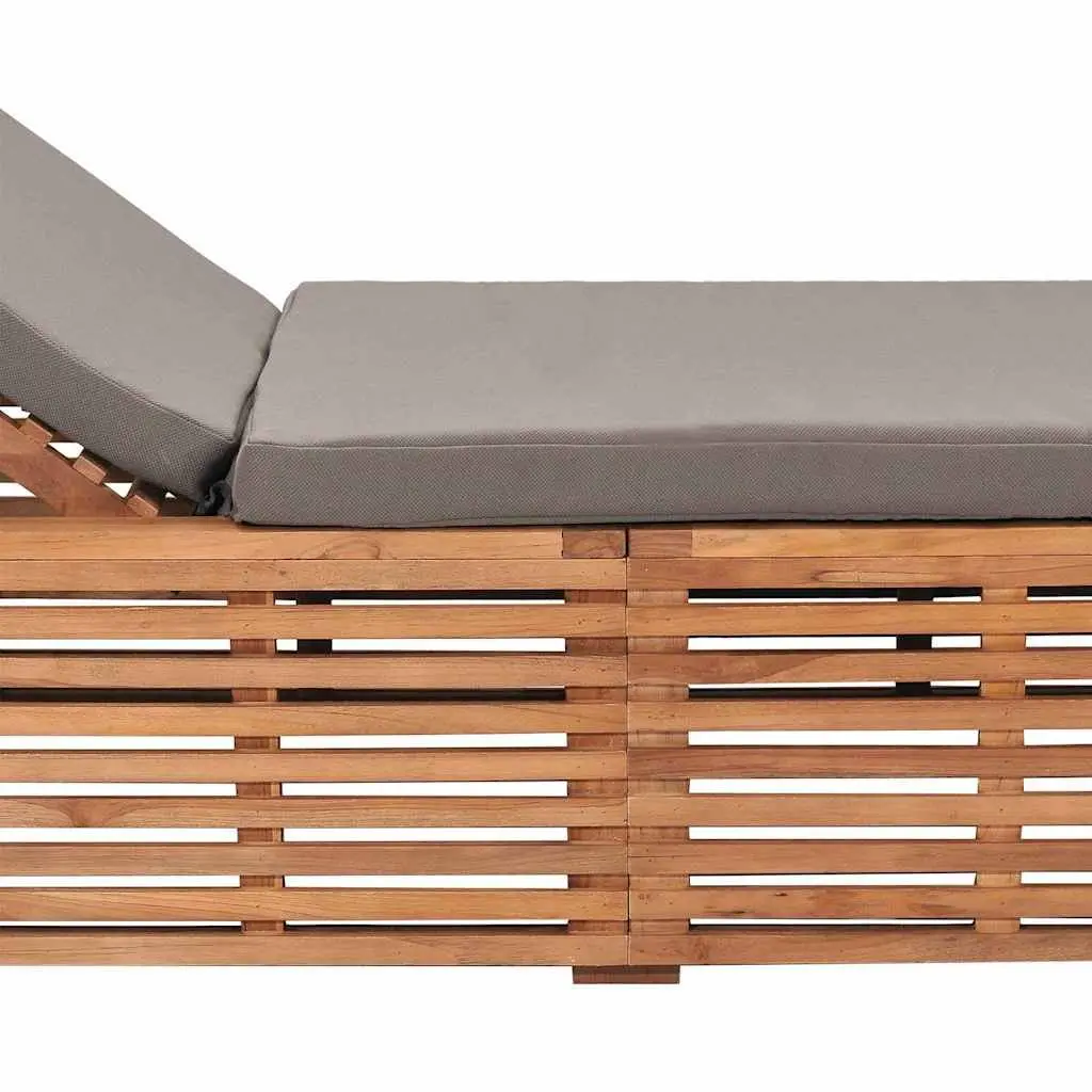 Sun Lounger Teak Wood Grey Cushion Adjustable Backrest 4 Positions