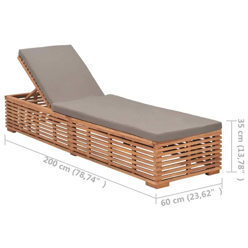 Sun Lounger Teak Wood Grey Cushion Adjustable Backrest 4 Positions