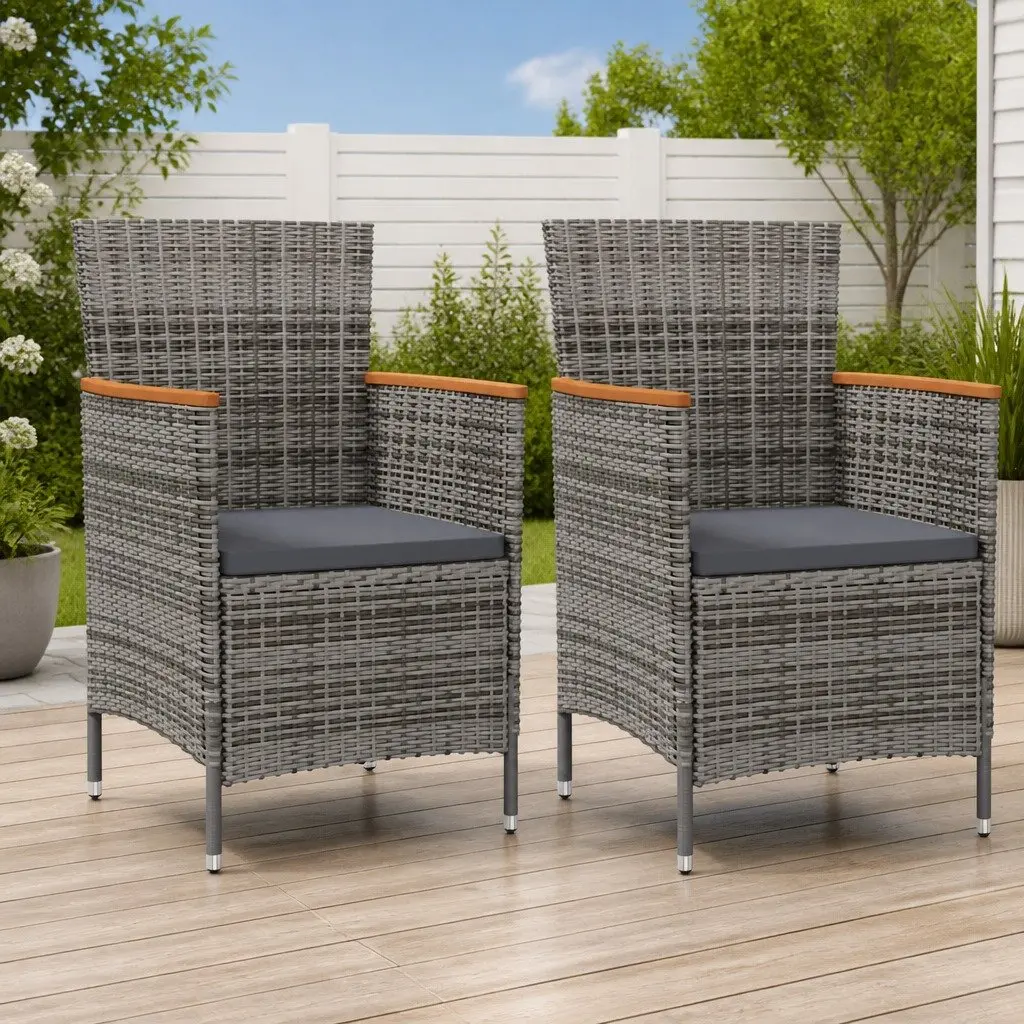Outdoor Dining Chairs Grey 2 Piece Garden Poly Rattan with Cushion