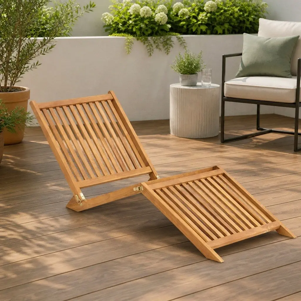 Sun Lounger Brown Teak Wood Folding Outdoor Garden Patio Deck Chair