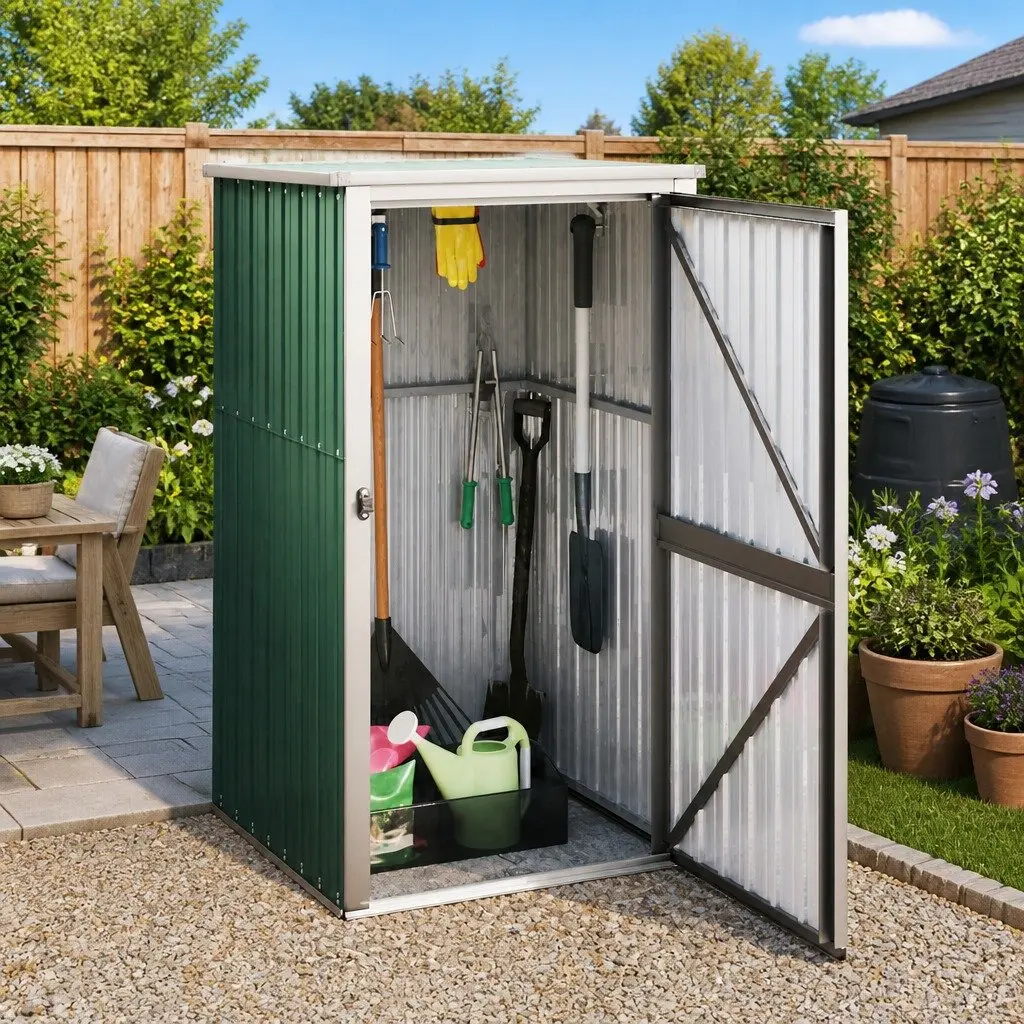 Galvanised Steel Garden Tool Shed Green 88x89x161cm Outdoor Storage with Sloping Roof