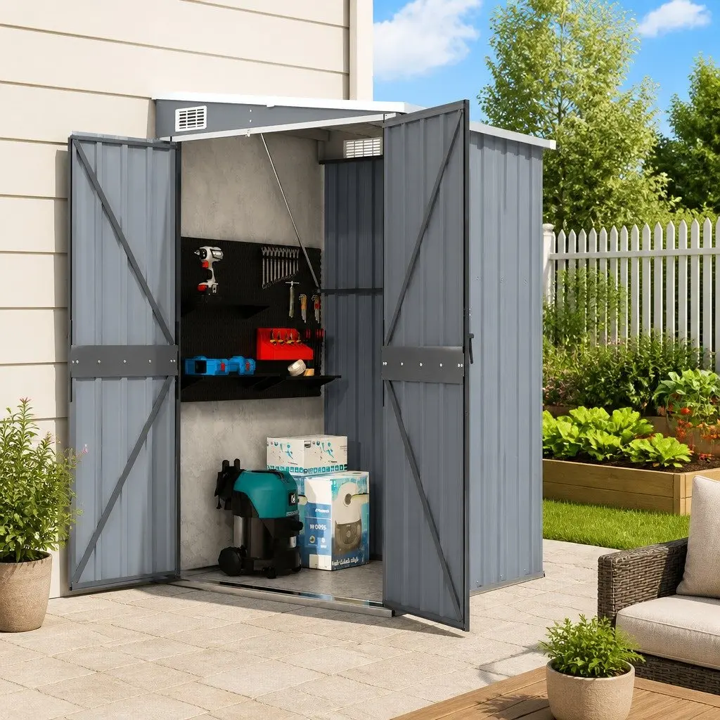 Wall-mounted Garden Shed Grey 118x100x178cm Galvanised Steel Storage House