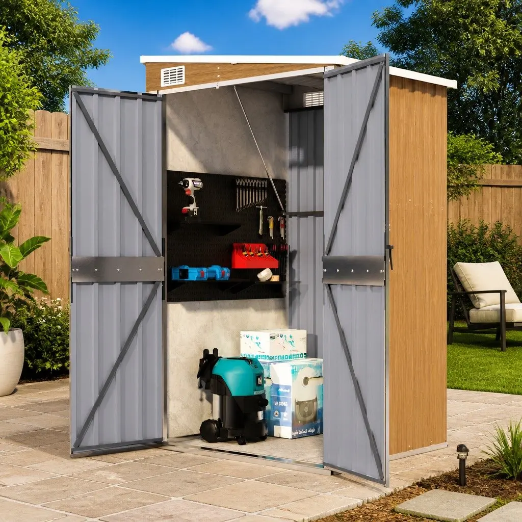 Wall-mounted Garden Shed Brown Outdoor Storage House Galvanised Steel