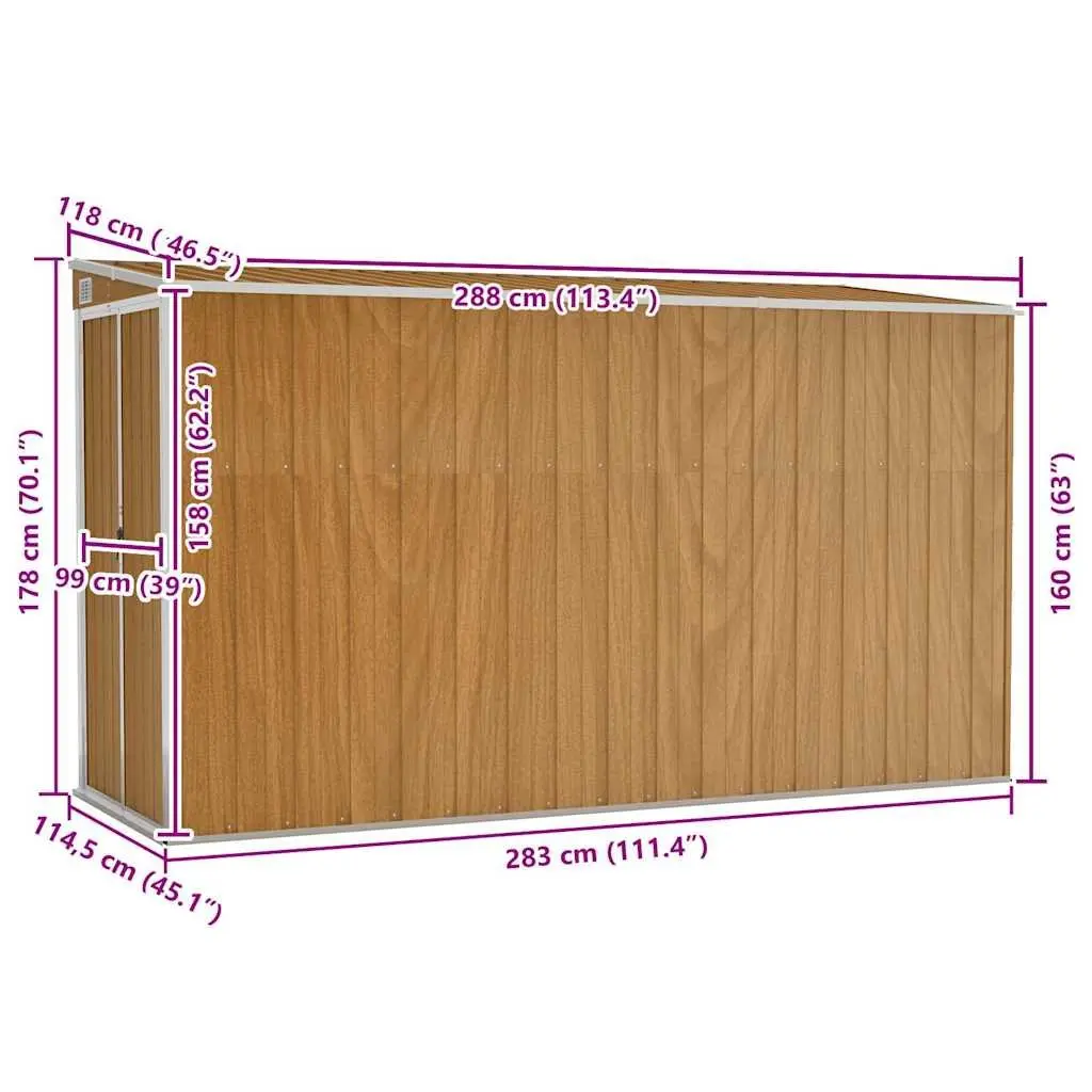 Garden Shed Brown 118x288x178cm Wall-mounted Galvanised Steel Outdoor Storage