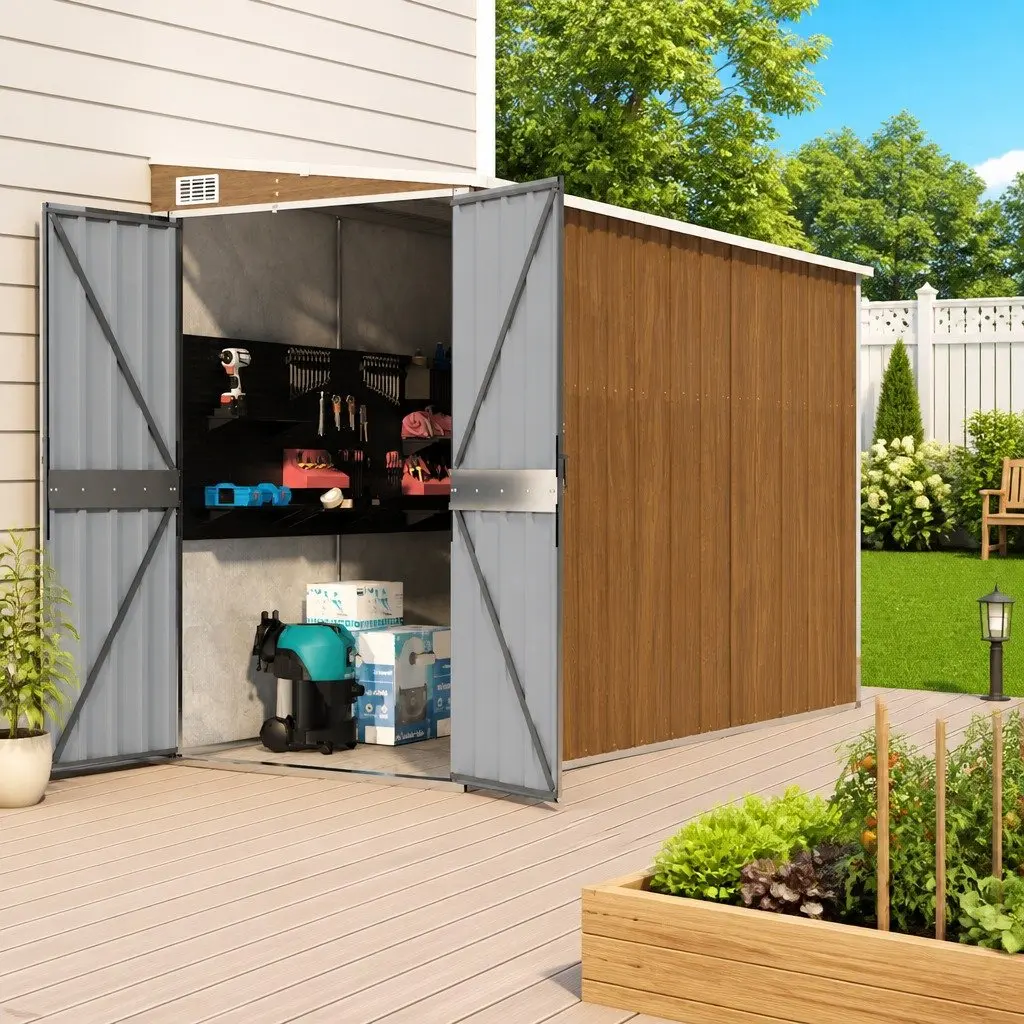 Garden Shed Brown Wall-mounted Galvanised Steel Double Door Outdoor Storage