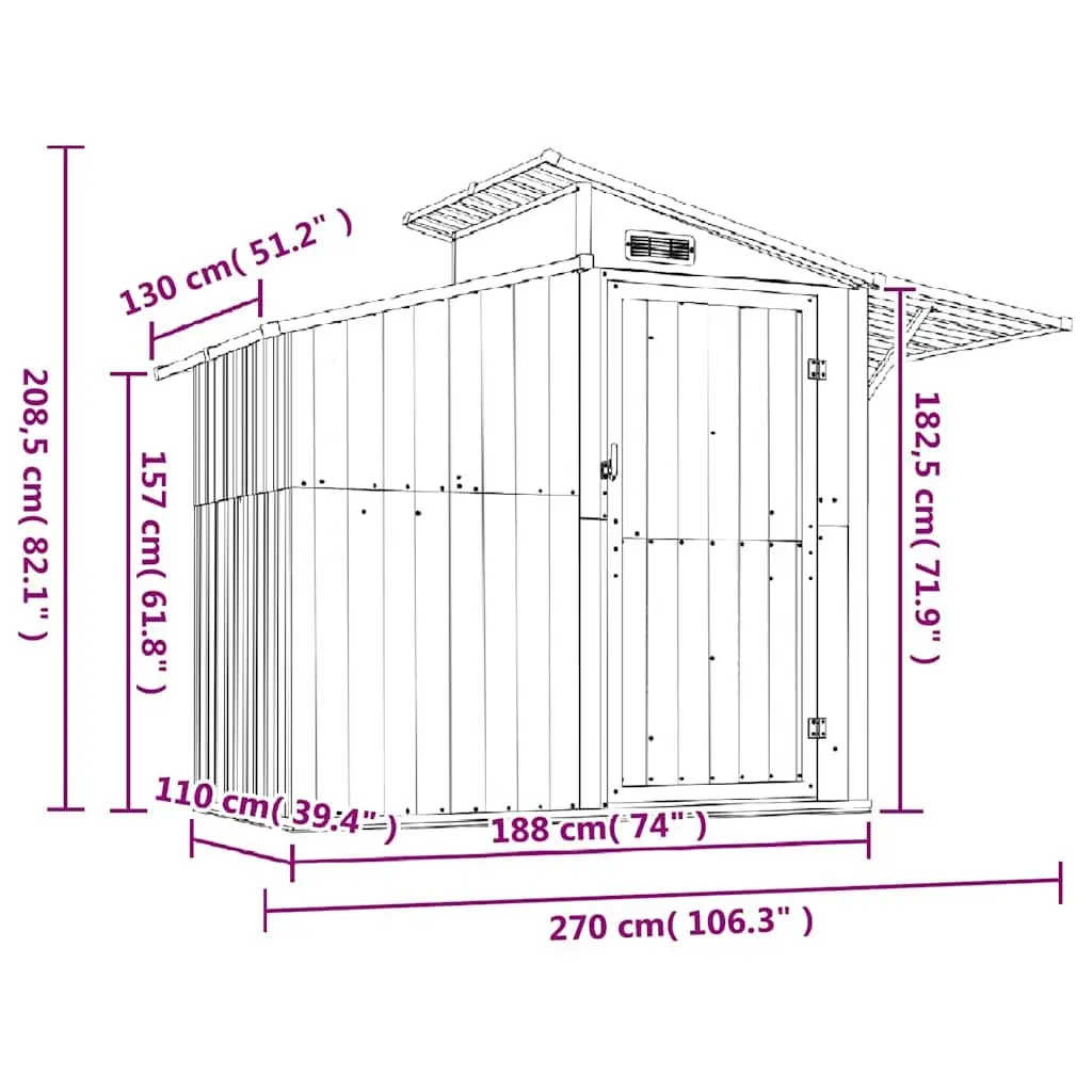 Garden Shed Grey 270x130x208.5 cm Galvanised Steel Outdoor Storage Tool House