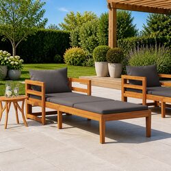 Wooden Sun Lounger Garden Outdoor Lounger with Grey Cushion Acacia Wood