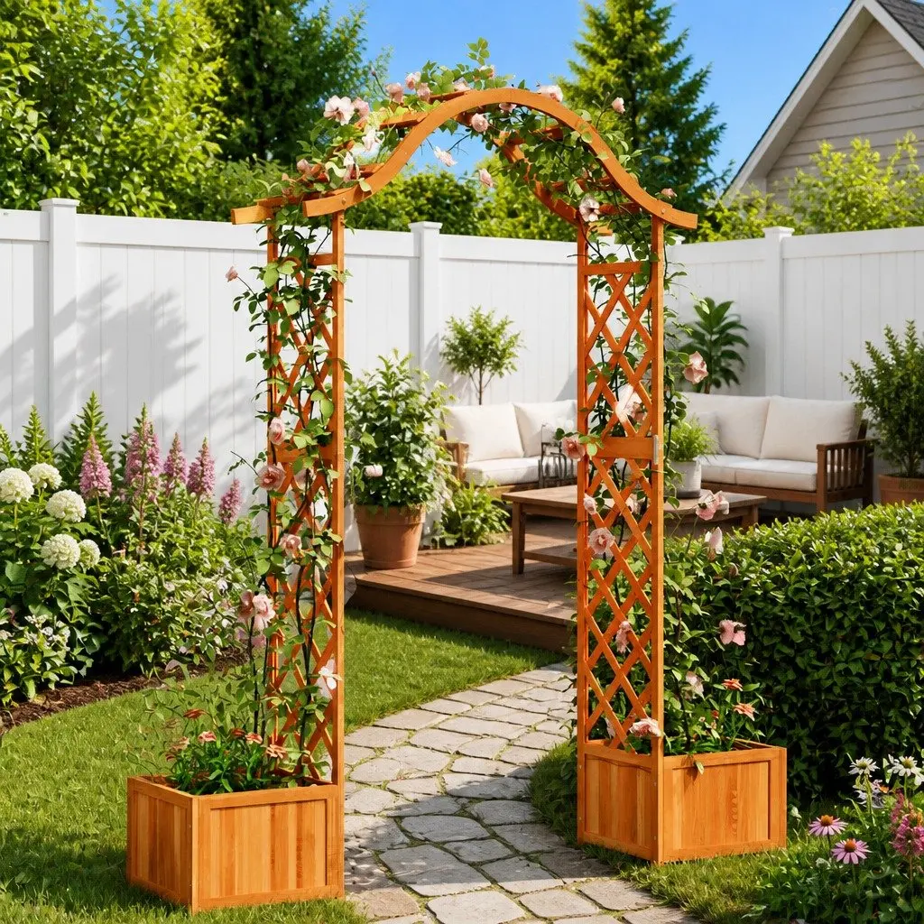 Wooden Garden Pergola Brown Arched Structure with Planter Boxes