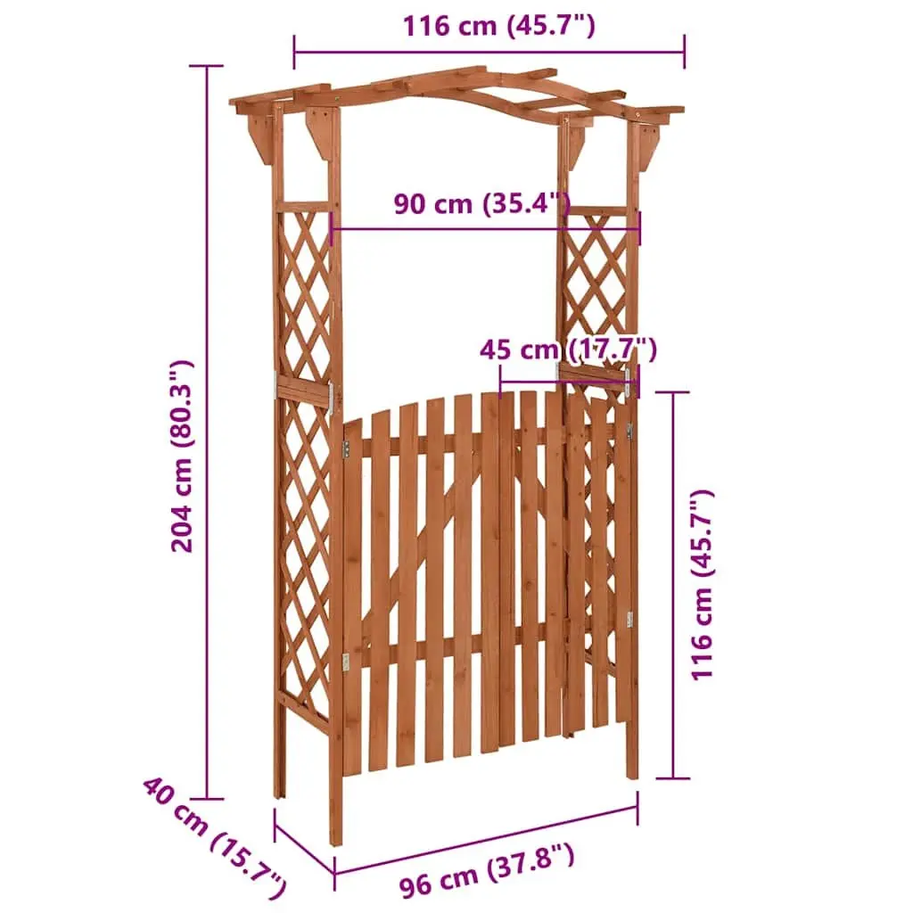 Garden Pergola Brown 116x40x204cm Wooden Arch Outdoor Structure with Integrated Gate