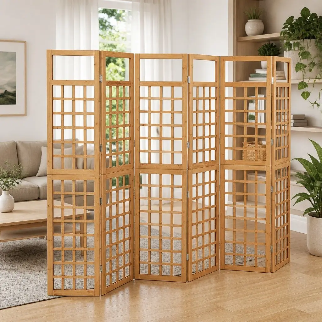 6-Panel Room Divider Trellis Brown 242.5x180cm Solid Fir Wood Folding Screen