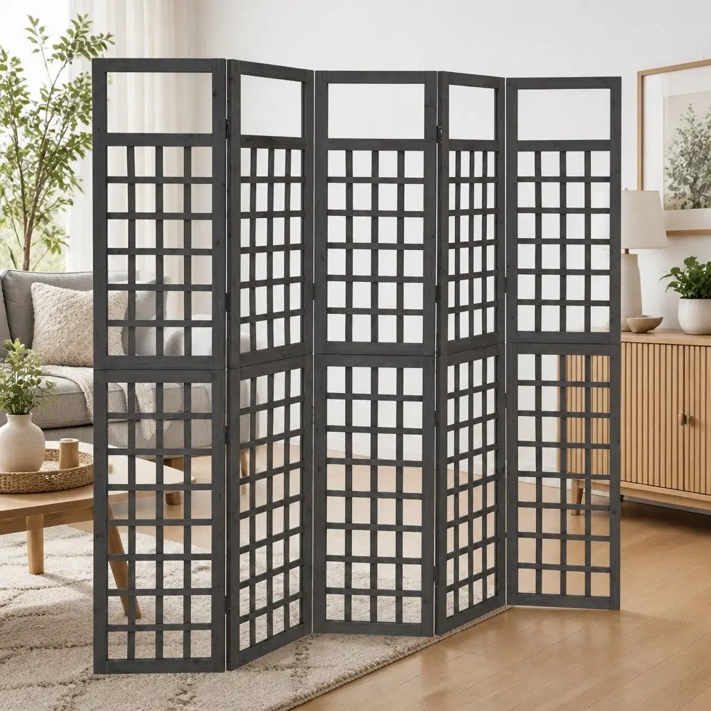 5-Panel Room Divider Black Solid Fir Wood Trellis Plant Support