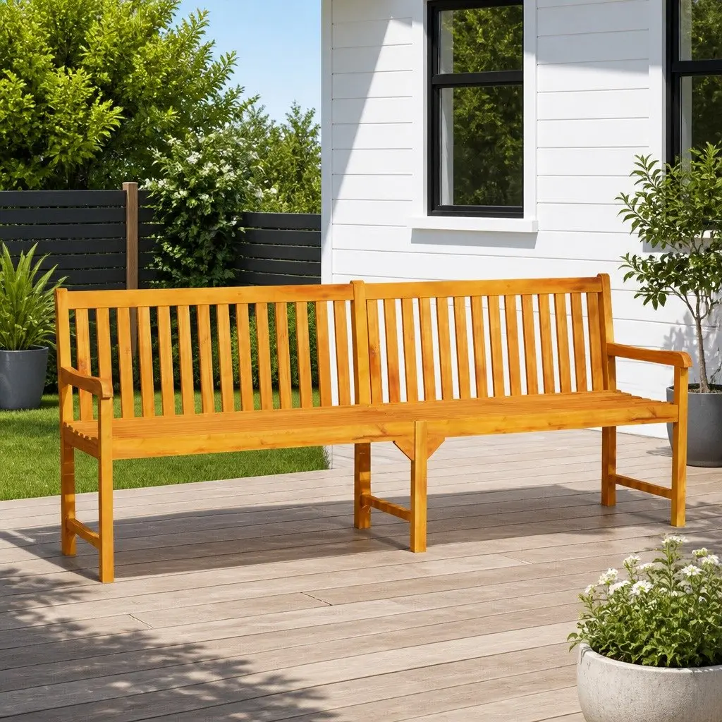 Outdoor Garden Bench Brown 219cm Solid Acacia Wood Backrest Armrests