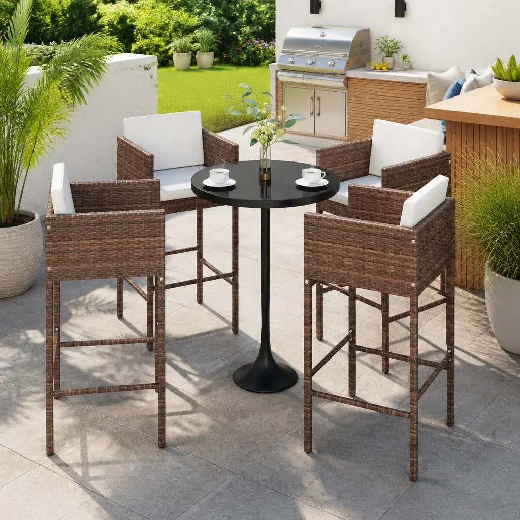 Outdoor Bar Stools Brown 4 Piece Weather-resistant Poly Rattan Construction with Cushions