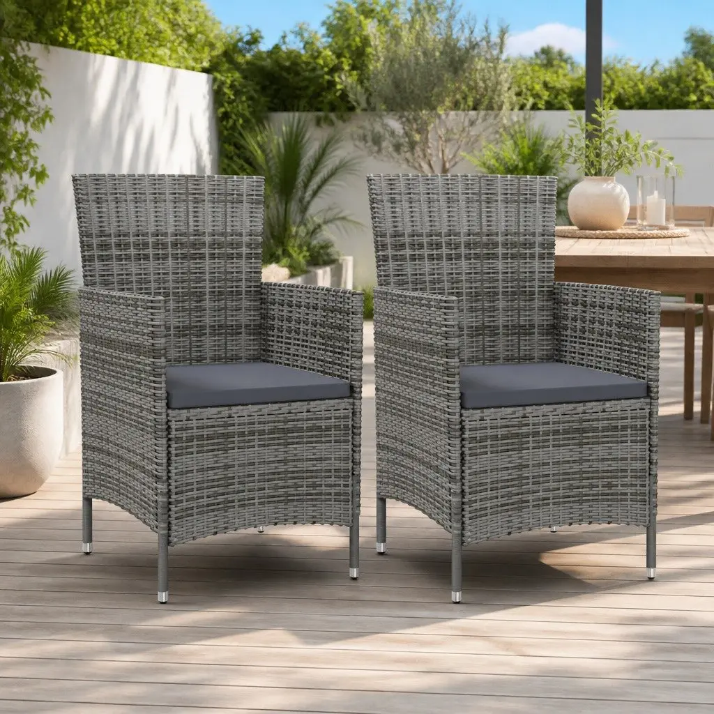 Outdoor Garden Chairs Set Grey 2 Piece PE Rattan Armchair with Padded Cushions