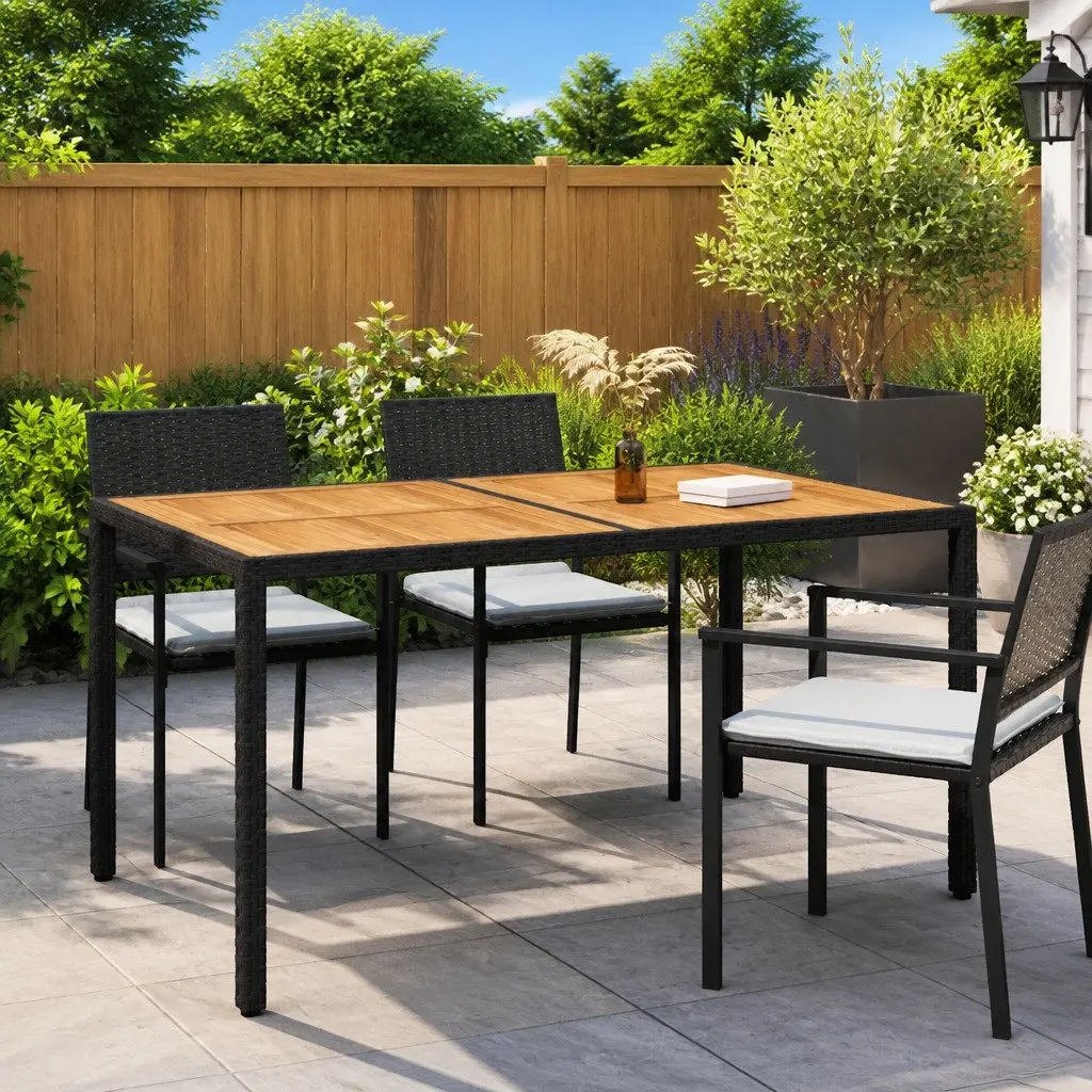 Garden Table Black 150x90cm Poly Rattan Acacia Wood Patio Furniture