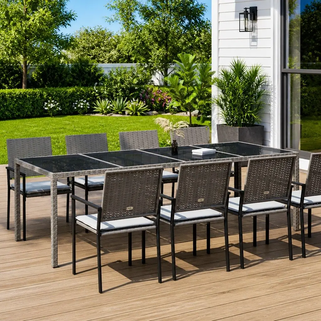 Garden Table Grey 250x100x75cm Tempered Glass Poly Rattan Frame