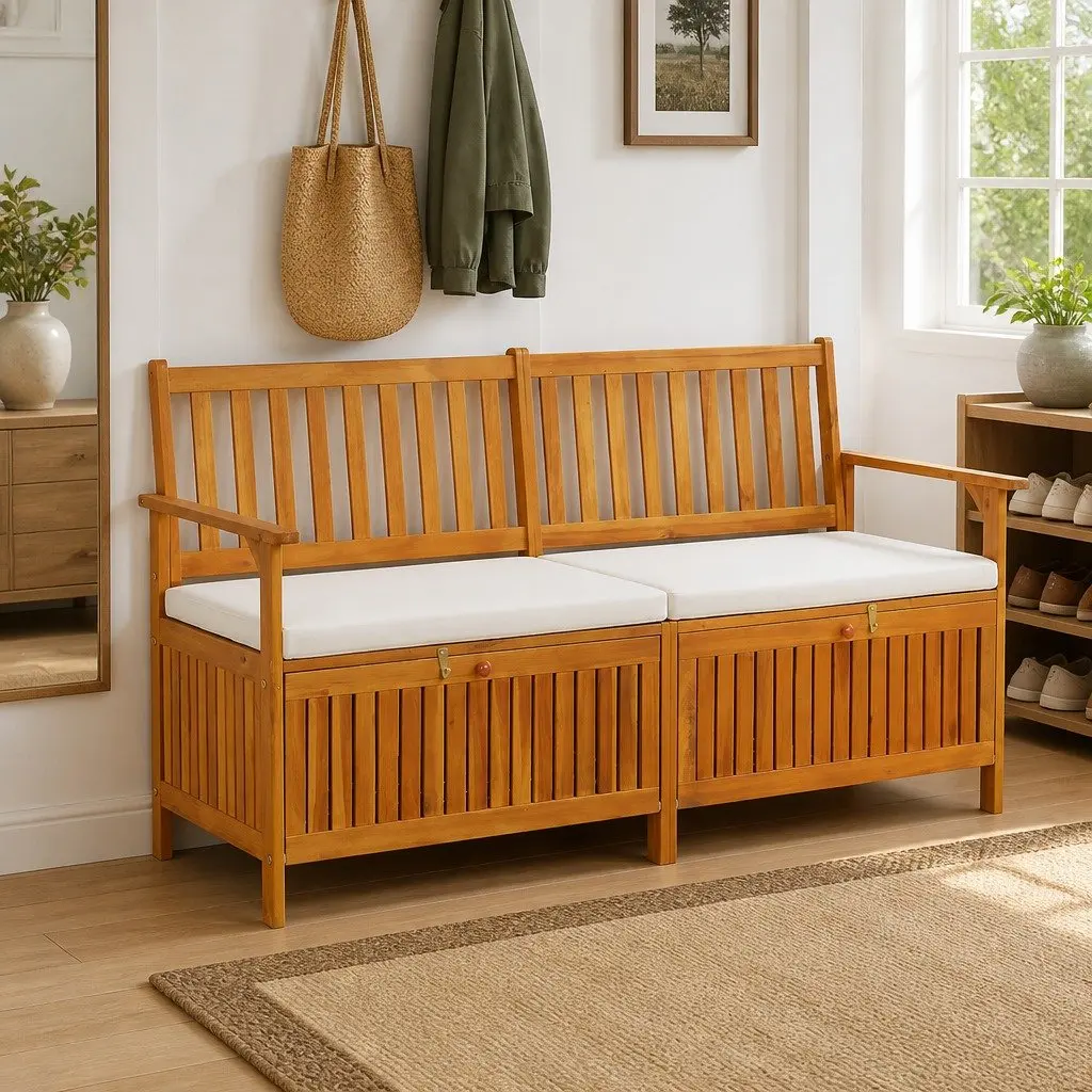 Outdoor Storage Bench Brown 148cm Solid Acacia Wood Thickly Padded Seat