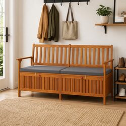 Outdoor Storage Bench 148cm Solid Wood Acacia Padded Seat Grey Garden Furniture