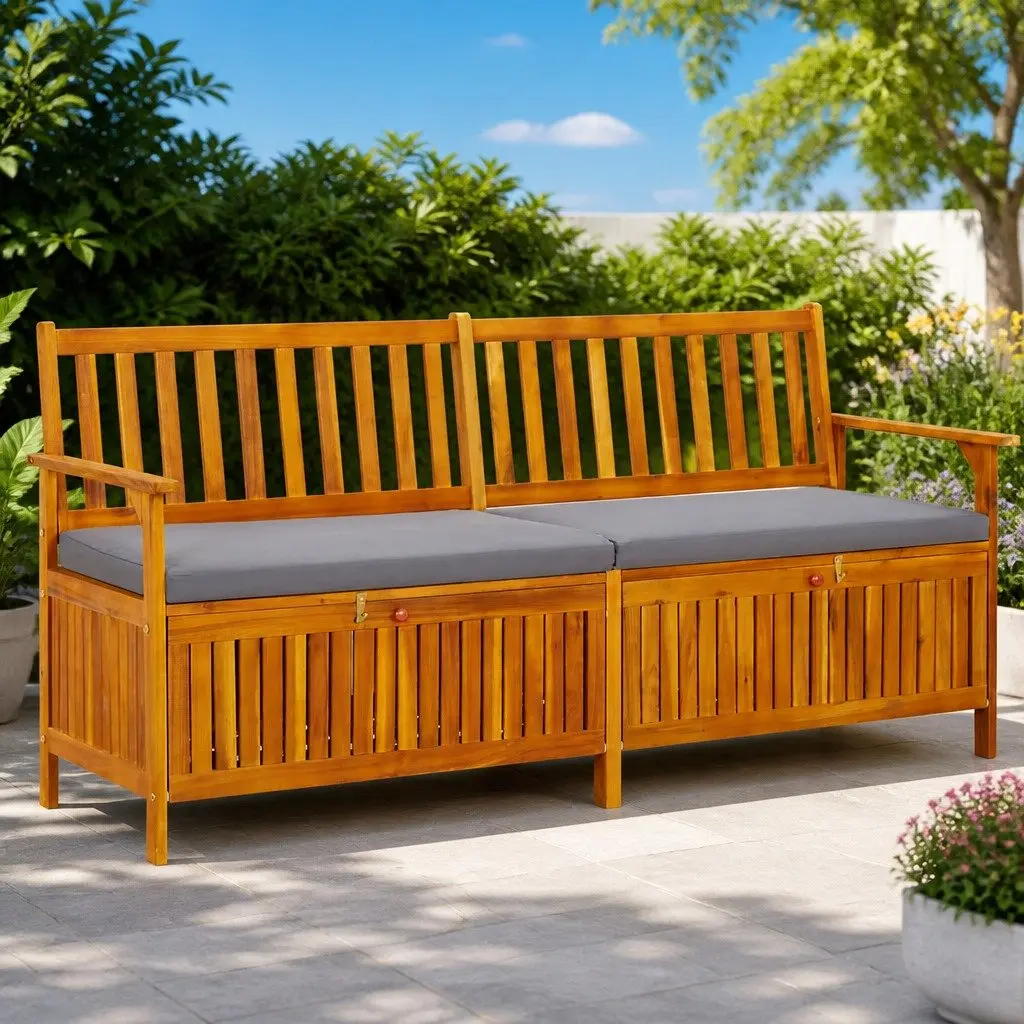 Outdoor Storage Bench Grey 170cm Solid Wood Acacia Padded Seat