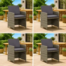 Outdoor Dining Chairs 4-Piece Set Grey Poly Rattan Garden Seating with Cushions
