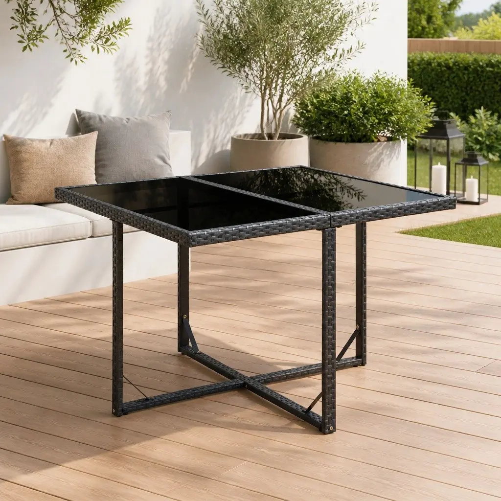 Outdoor Dining Table Black Poly Rattan Tempered Glass Weather-Resistant