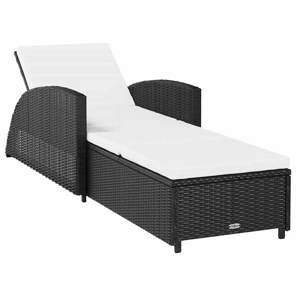 Sun Lounger Black Adjustable Backrest with Cream Cushion Weather-Resistant PE Rattan