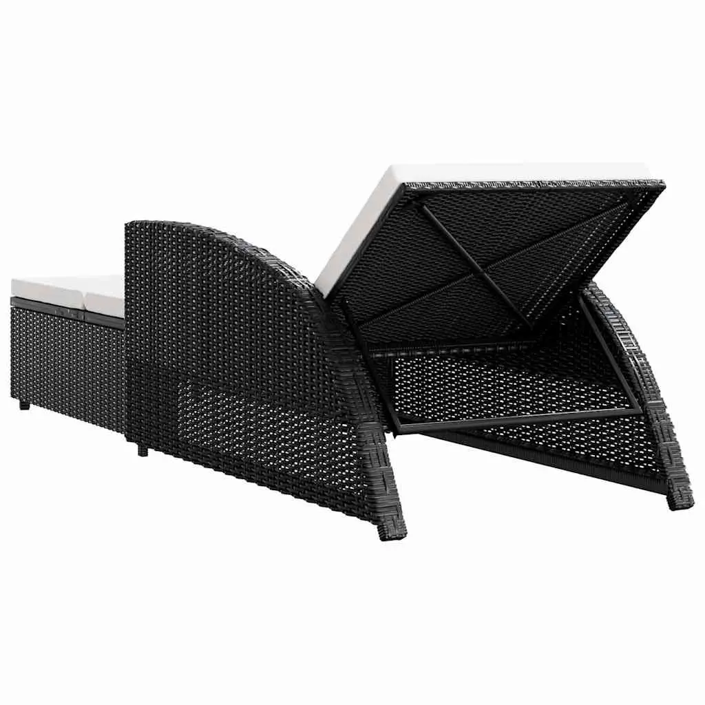 Sun Lounger Black Adjustable Backrest with Cream Cushion Weather-Resistant PE Rattan