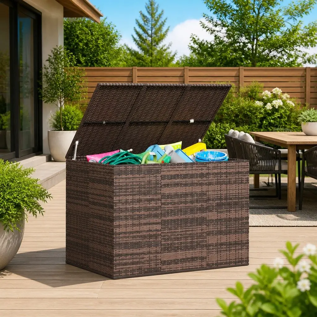 Garden Cushion Storage Box PE Rattan Outdoor Patio Deck Furniture Brown