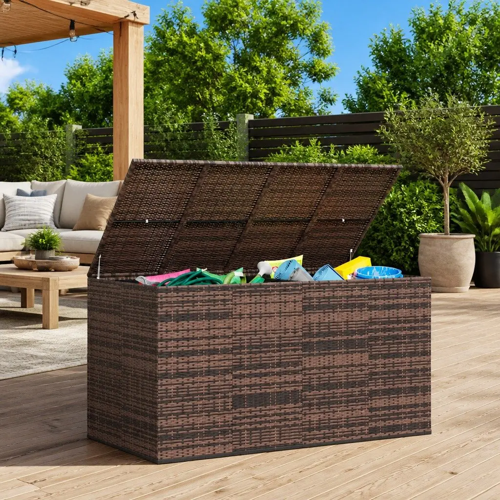 Garden Storage Box PE Rattan 194x100x103cm Brown Outdoor Cushion Chest