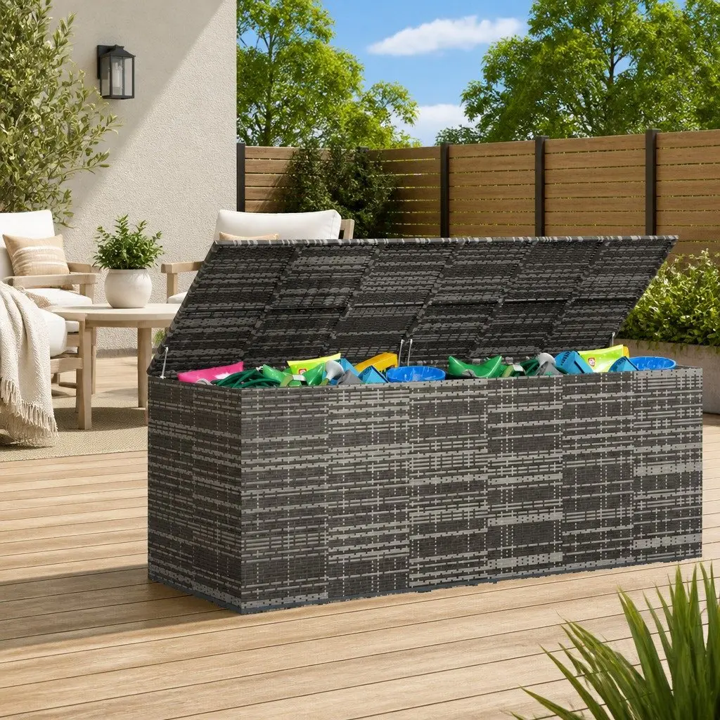 Garden Storage Box PE Rattan Outdoor Cushion Container Grey 291x100.5x104cm