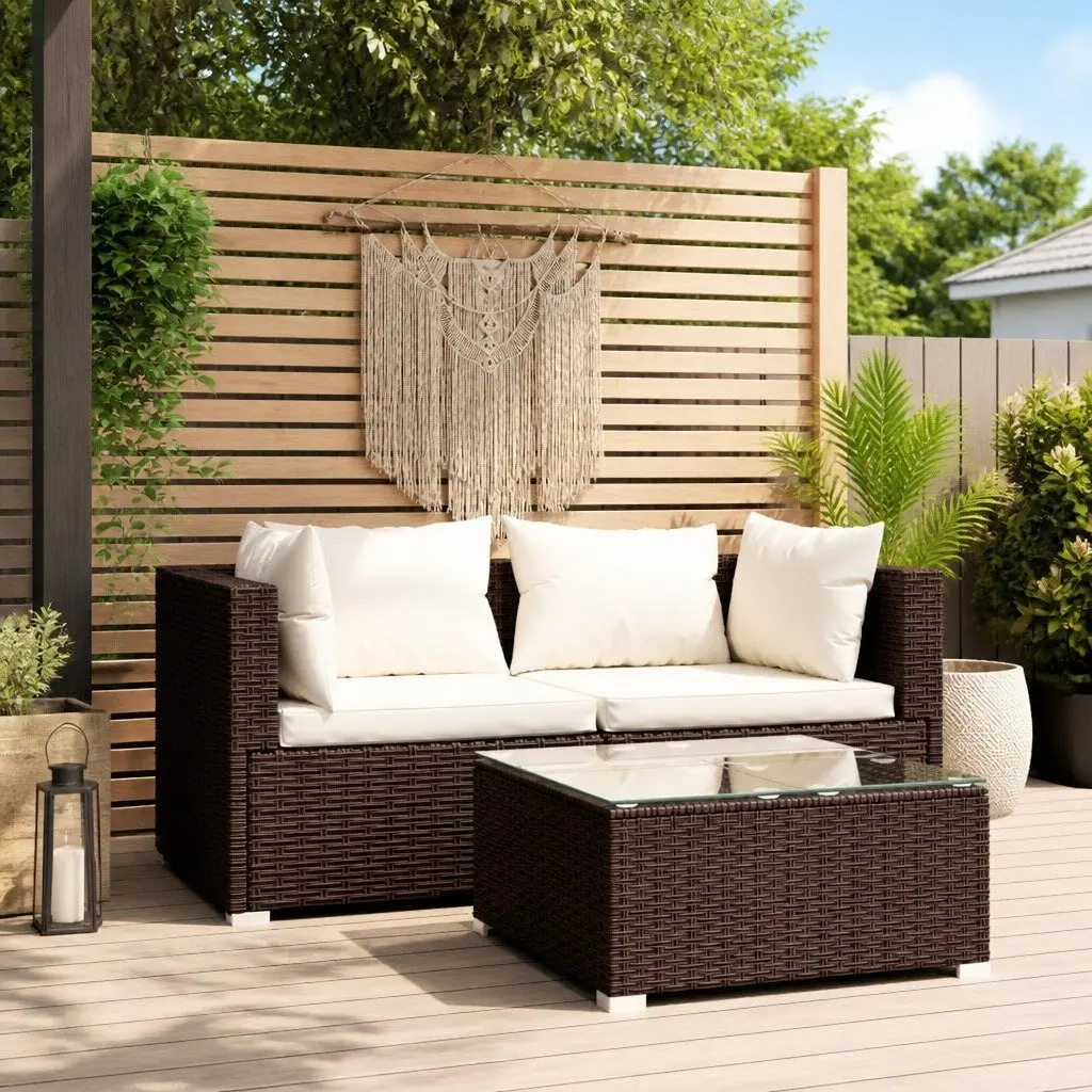 Garden Lounge Set Brown 3 Piece Outdoor Patio Furniture Rattan Sofa with Removable Cushions