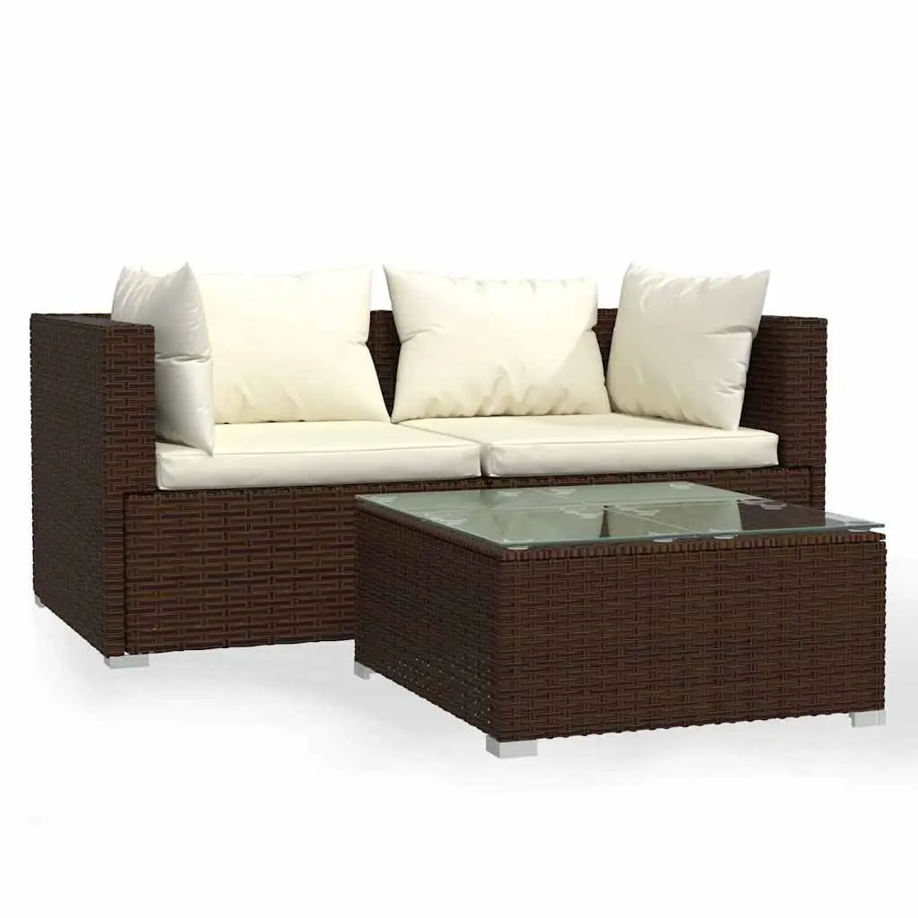 Garden Lounge Set Brown 3 Piece Outdoor Patio Furniture Rattan Sofa with Removable Cushions