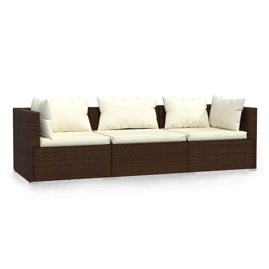 3-Seater Outdoor Sofa Brown Rattan Waterproof PE Cushions Steel Frame