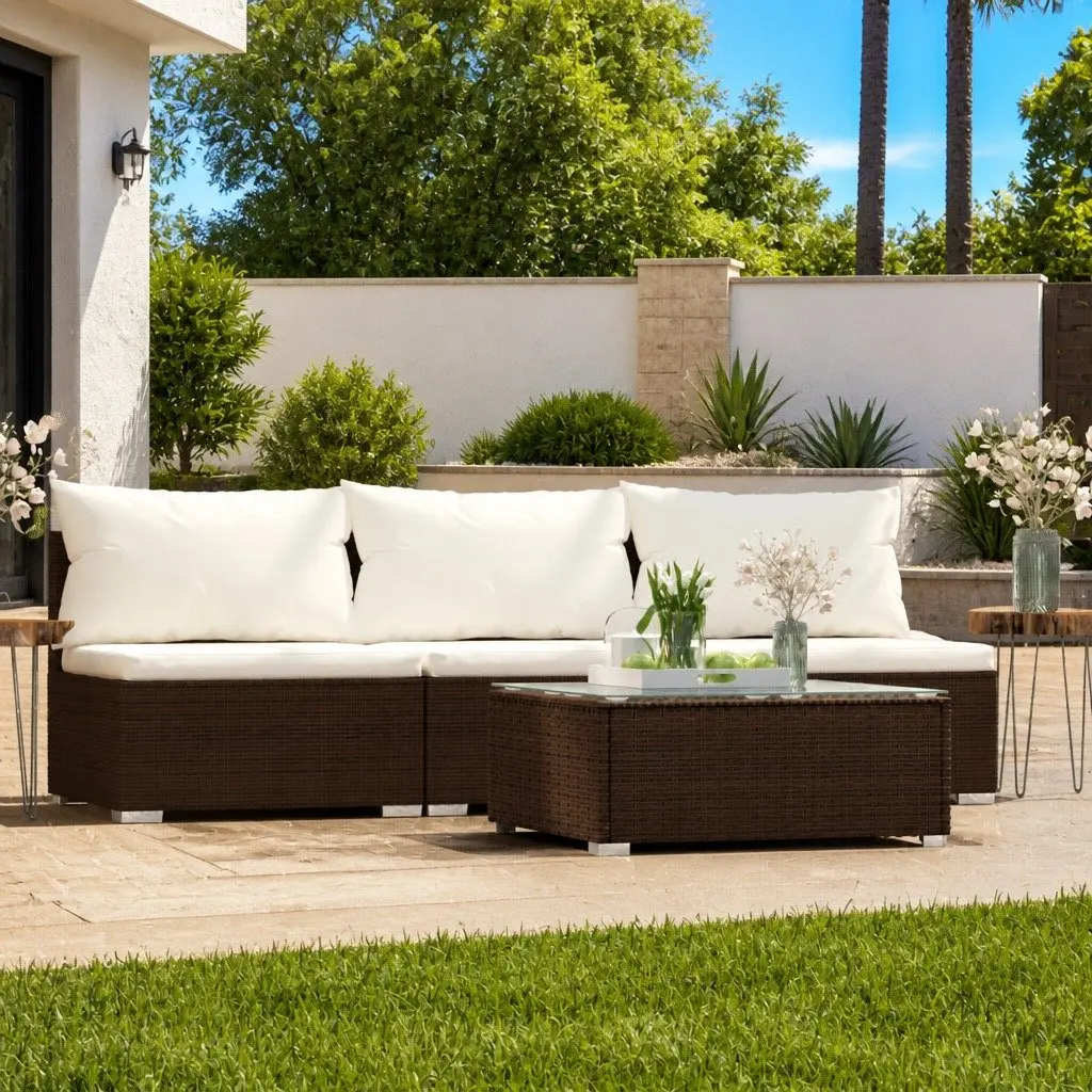 Garden Lounge Set Brown 4 Piece Outdoor Patio Furniture Waterproof PE Rattan Removable Cushions Lightweight